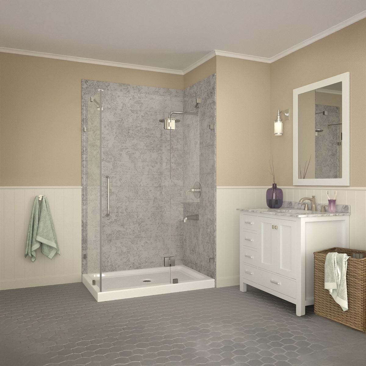 48 x 36 Shower Base, Pan Only, ANZZI Port Corner Durable High-Gloss White