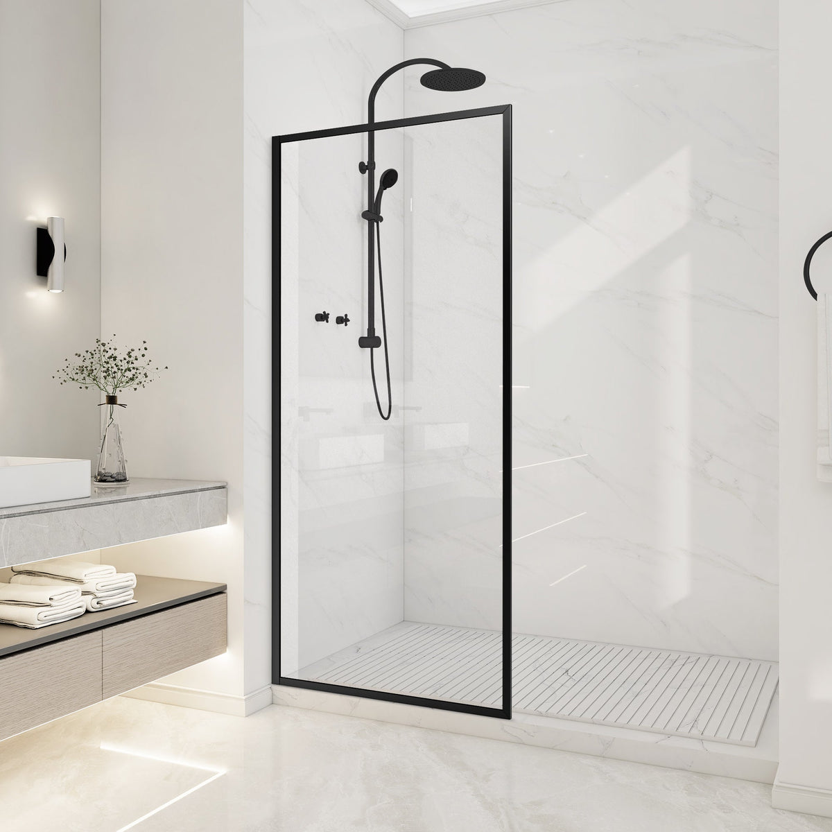 34 x 74 Framed Shower Door, Welle Fixed Screen Tempered Clear Glass