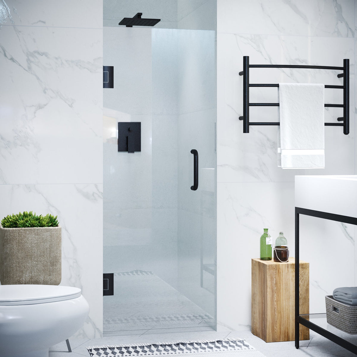 Fellow Series 24 in. x 70 in. Frameless Hinged Shower Door with Clear/Frosted Tempered Glass and Tsunami Guard