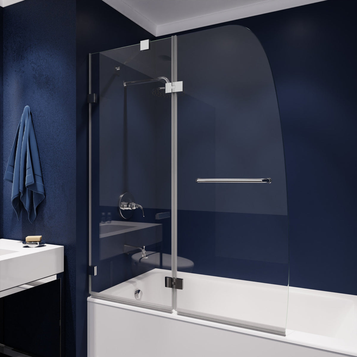 48 x 58 Tub Shower Door, Herald Frameless Hinged Clear Tsunami Guard