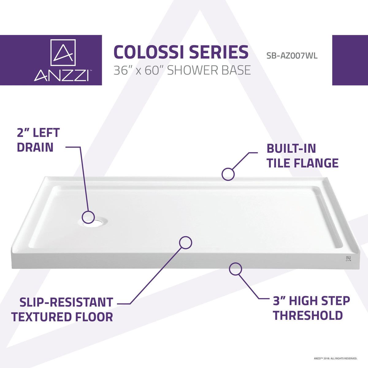 60 x 36 Shower Base, Pan Only, ANZZI Colossi Threshold Durable