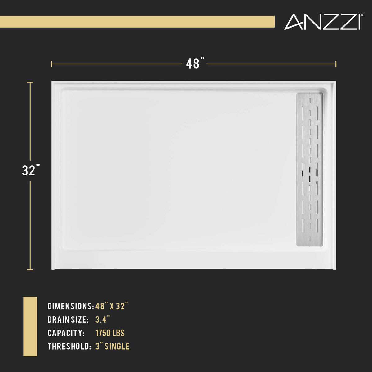 ANZZI Alexander 48" x 32" Alcove Shower Pan, Compression Molded ANR Material (3X Impact Resistant), Low Threshold, Stain