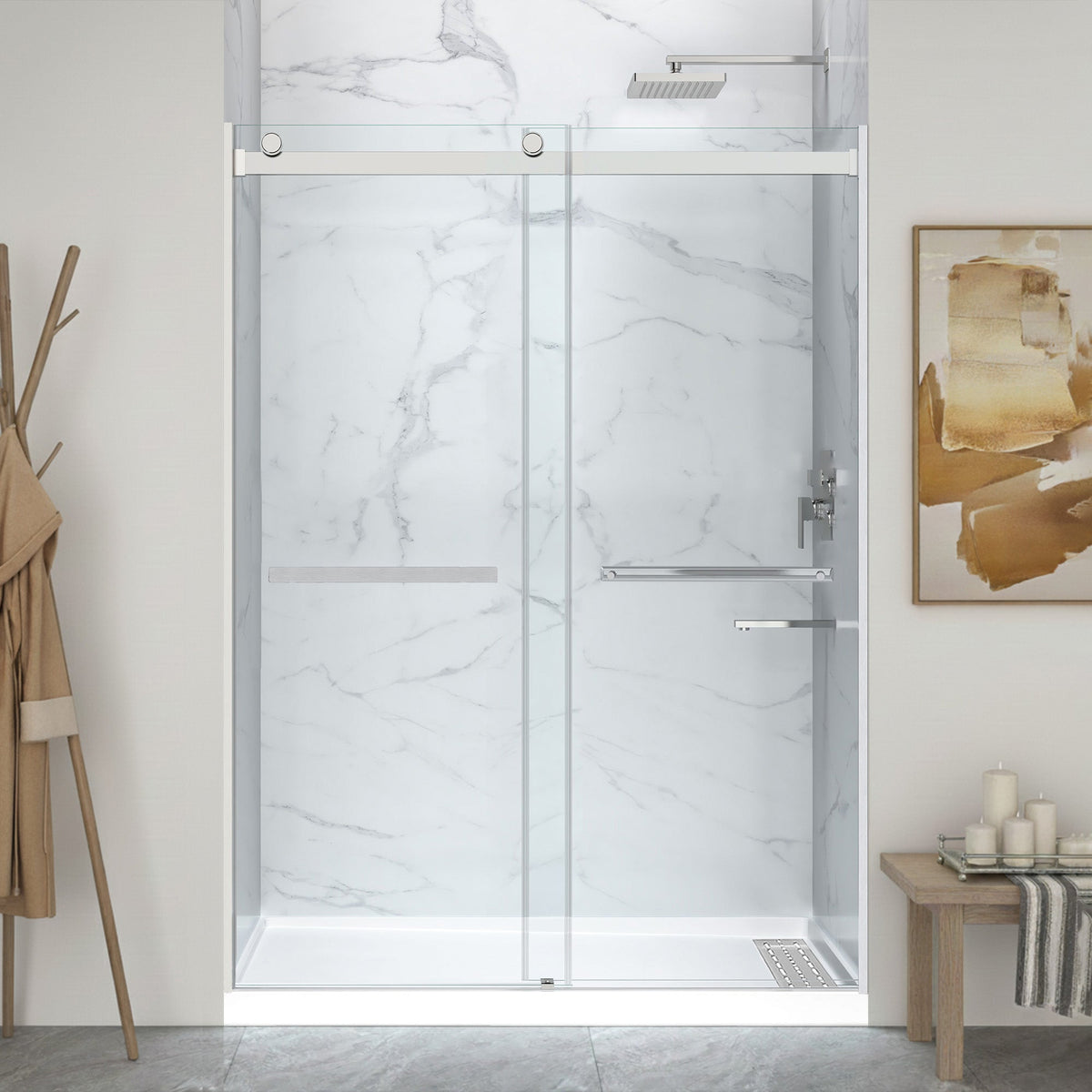 48 x 32 Frameless Shower Door, Pan Only, Kahn Alcove Sliding Combo