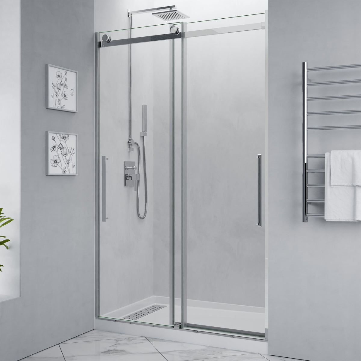 48 x 76 Frameless Shower Door, Stellar Sliding Tsunami Guard