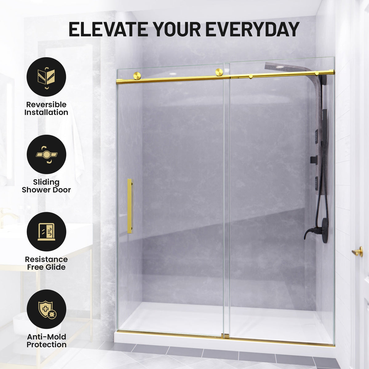 Mountain 60 in x 76 in. Reversible Frameless Sliding Deco-Glass Shower Door with Soft-Close System - Multiple Finishes