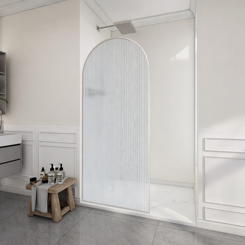 34 x 78 Framed Shower Door, Ember Arch Fixed Screen Fluted Glass