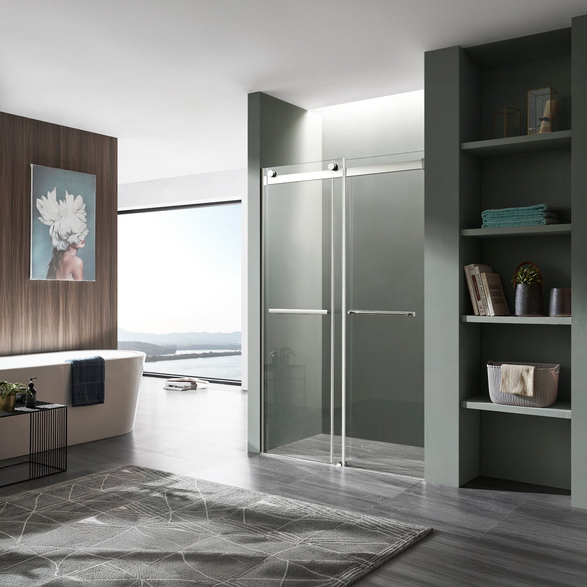 Kahn Series 45 to 48 in. x 76 in. Sliding Frameless Shower Door with Tsunami Guard Tempered Glass