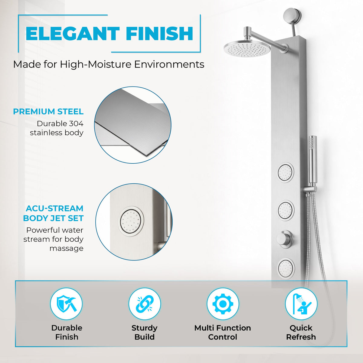 Beverly Series 43 in. 3-Jetted Shower Tower with Heavy Rain Shower and Body Jets and Spray Wand