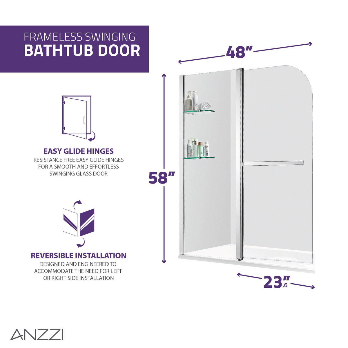 48 x 58 Tub Shower Door, Galleon Frameless TSUNAMI GUARD in. with