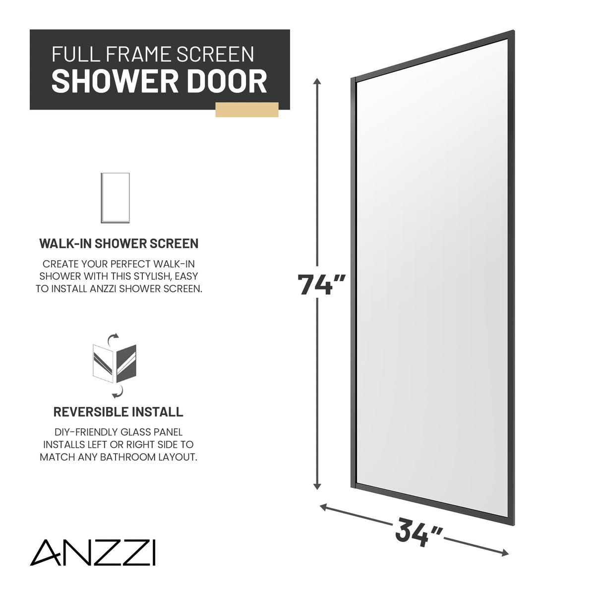 Welle 34 in. x 74 in. Framed Fixed Shower Screen Door with 5/16" (8mm) Tempered Fluted or Clear Glass