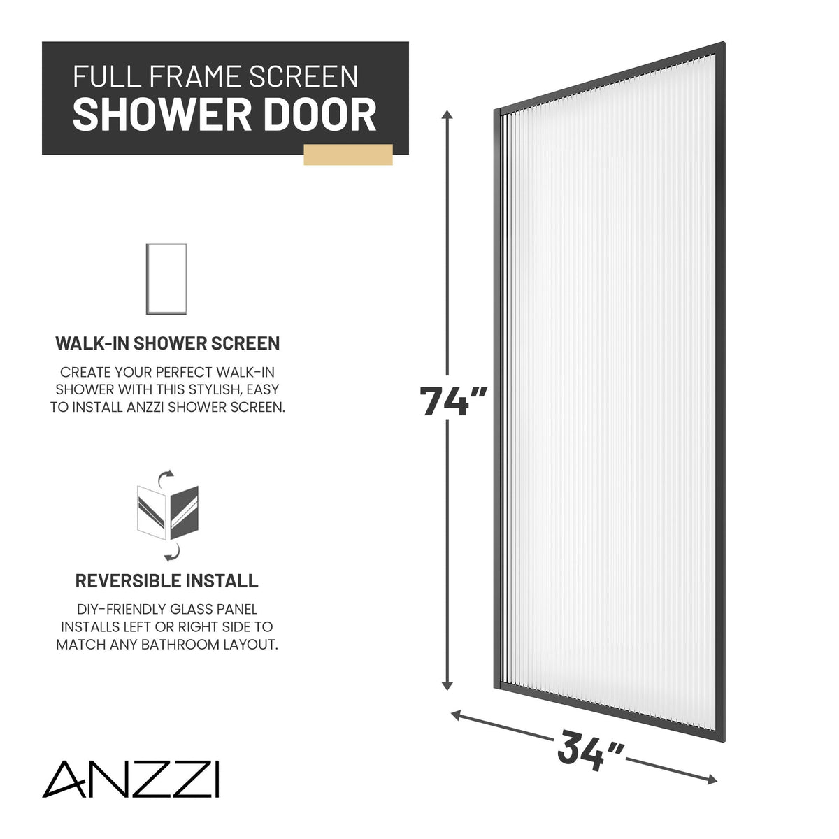 Welle 34 in. x 74 in. Framed Fixed Shower Screen Door with 5/16" (8mm) Tempered Fluted or Clear Glass
