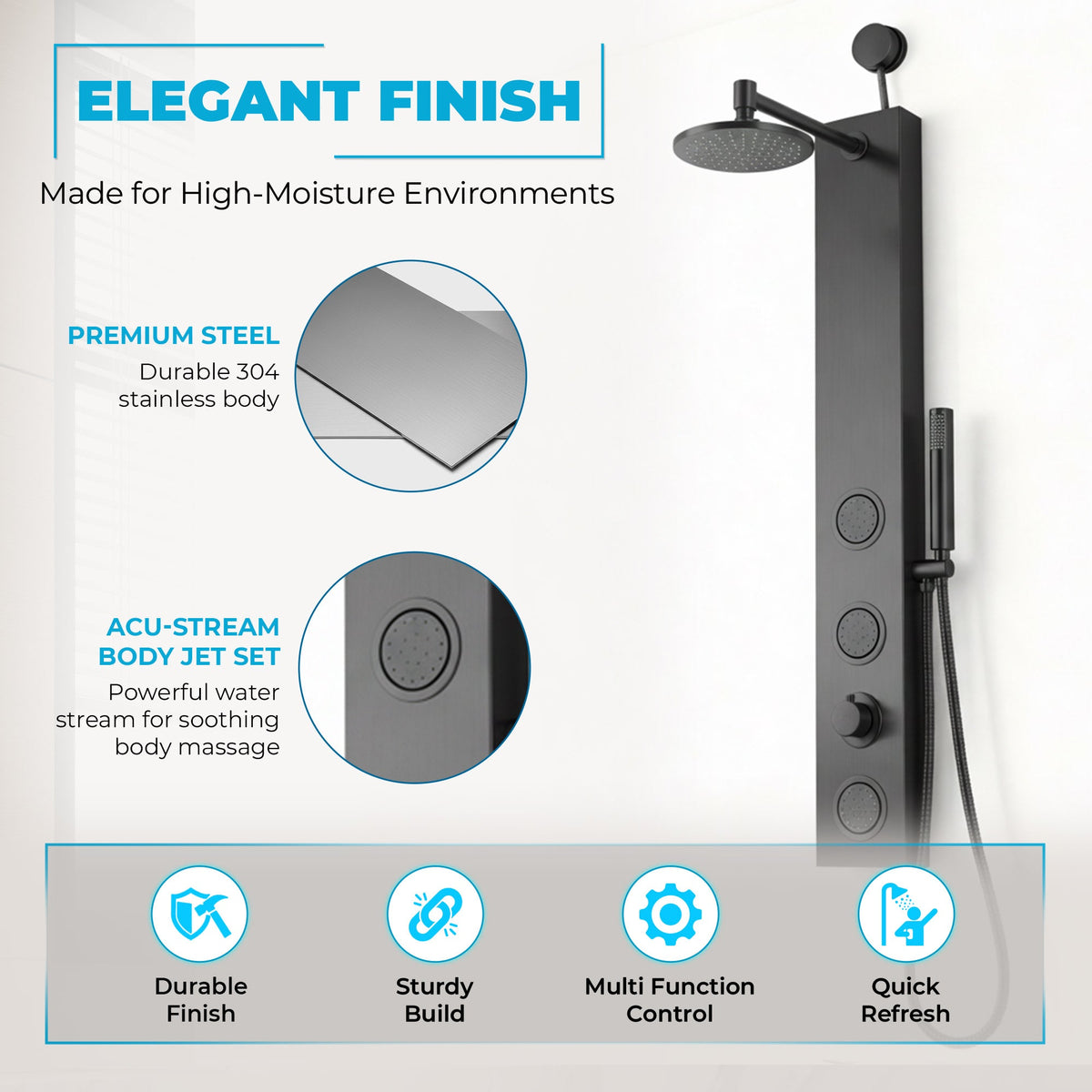 Beverly Series 43 in. 3-Jetted Shower Tower with Heavy Rain Shower and Body Jets and Spray Wand