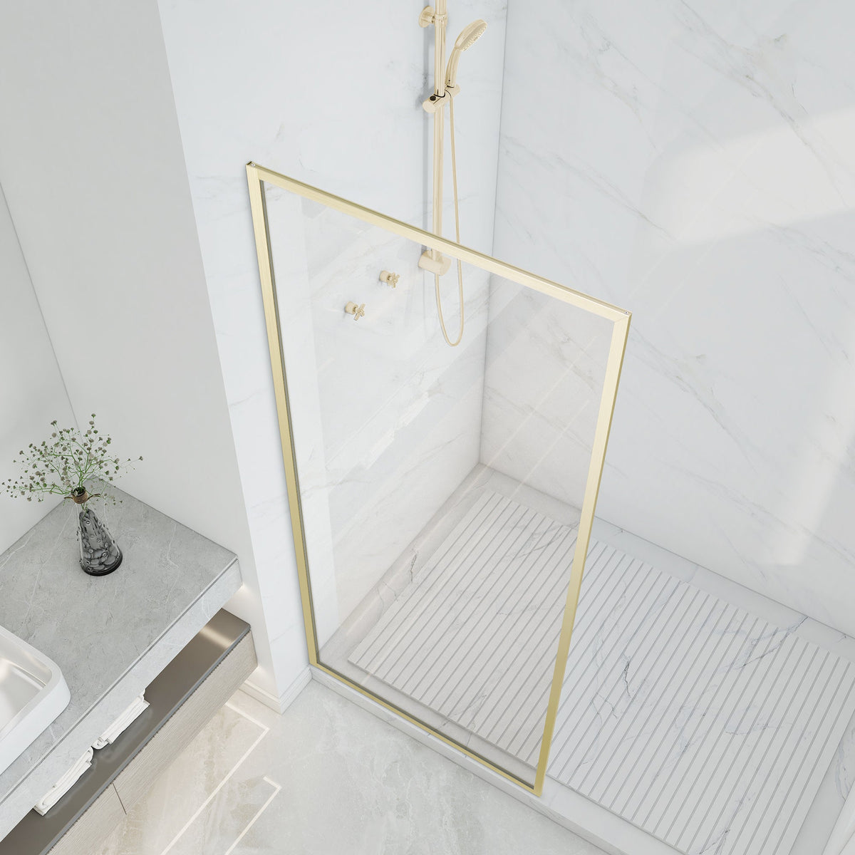 Welle 34 in. x 74 in. Framed Fixed Shower Screen Door with 5/16" (8mm) Tempered Fluted or Clear Glass