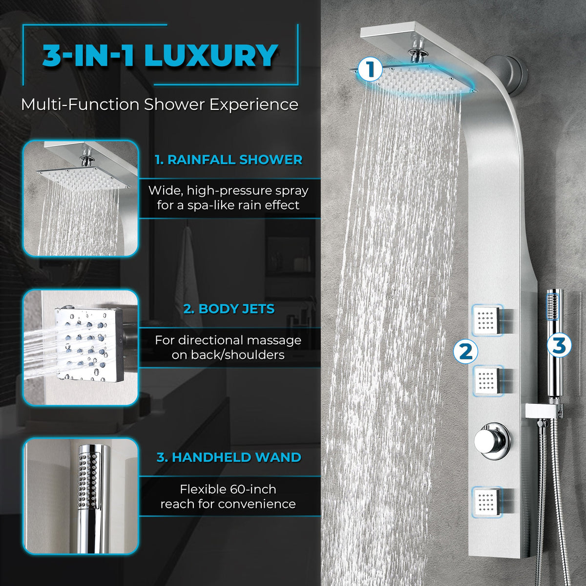 Sans Series 40 in. 3-Jetted Full Body Shower Tower System with Rainfall Showerhead and Spray Wand in Brushed Steel
