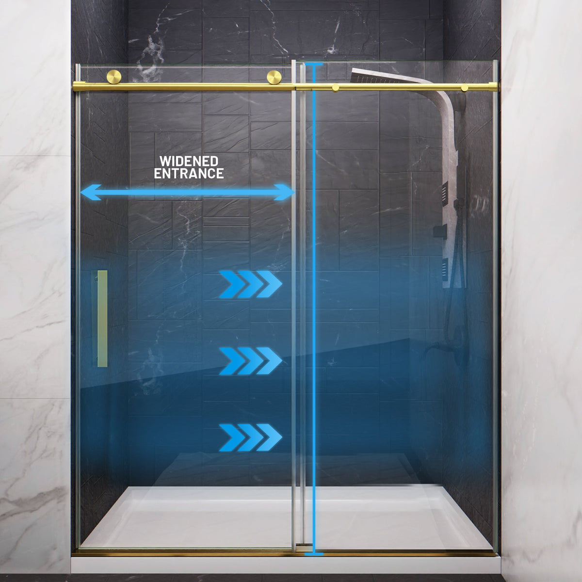 60 x 76 Frameless Shower Door, Mountain Reversible Sliding Deco Multiple Finishes