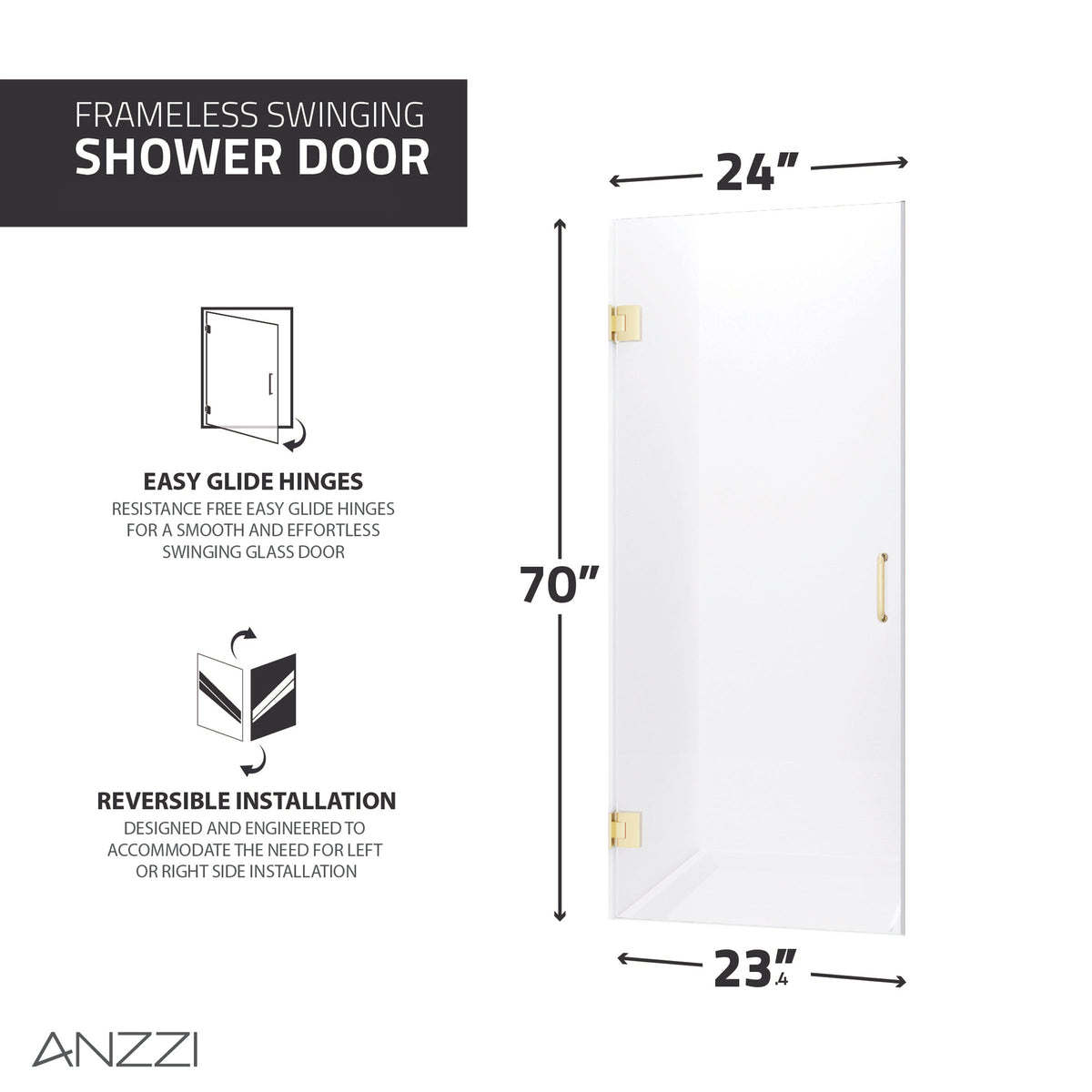 Fellow Series 24 in. x 70 in. Frameless Hinged Shower Door with Clear/Frosted Tempered Glass and Tsunami Guard
