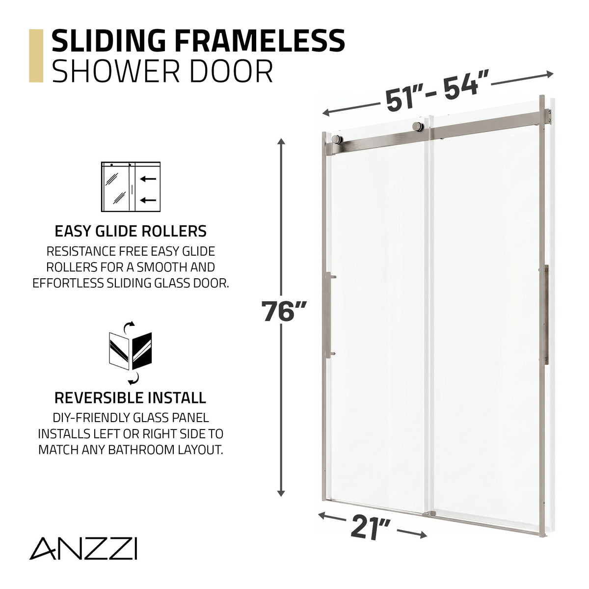 54 x 76 Frameless Shower Door, Stellar Sliding Tsunami Guard