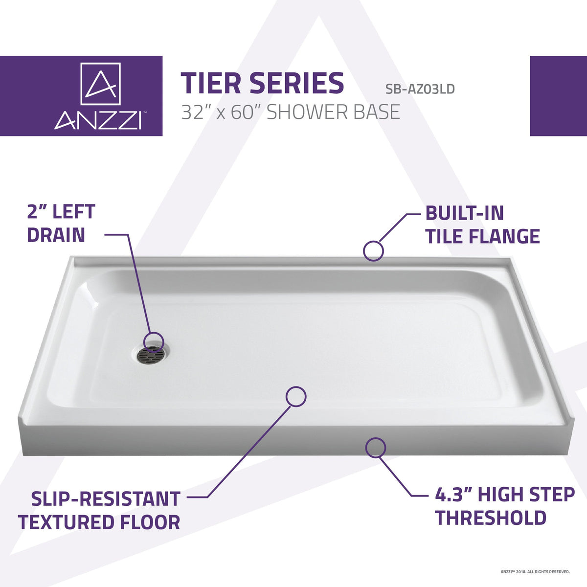 ANZZI Tier 60" x 32" Single Threshold Shower Pan, Durable Marine Grade Acrylic, cUPC Certified, 3-Wall Alcove Installati