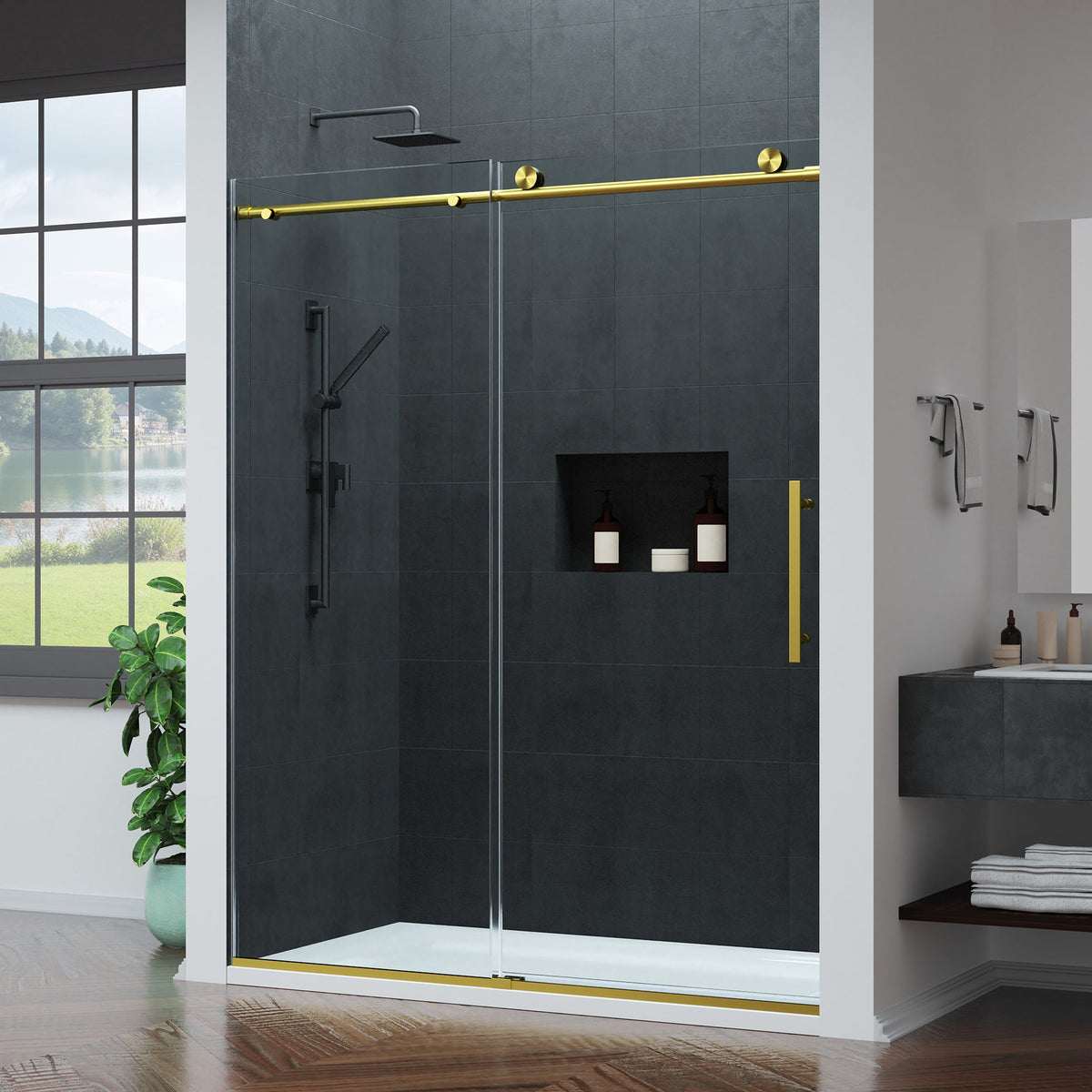 60 x 76 Frameless Shower Door, Mountain Reversible Sliding Deco Multiple Finishes