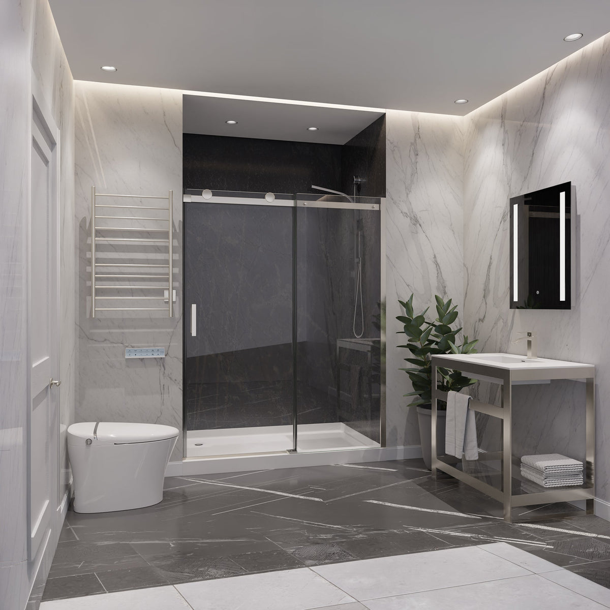 60 x 76 Frameless Shower Door, Rhodes Sliding Tsunami Guard