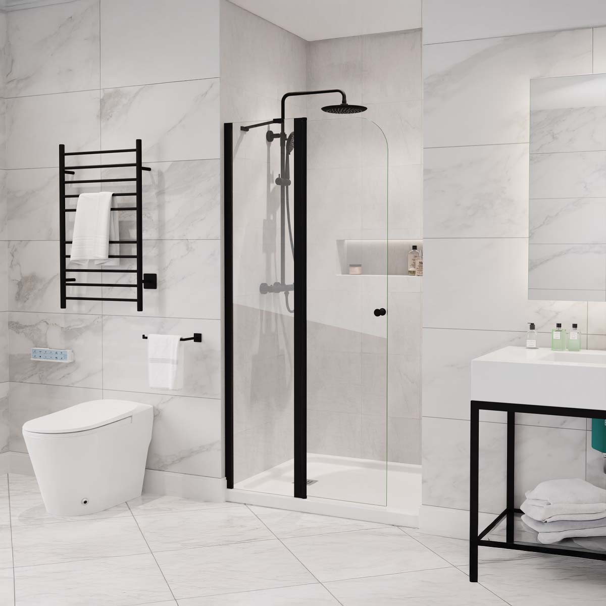 Romance Series 34 in. x 72 in. H Hinged Frameless Shower Door with Tsunami Guard Tempered Glass