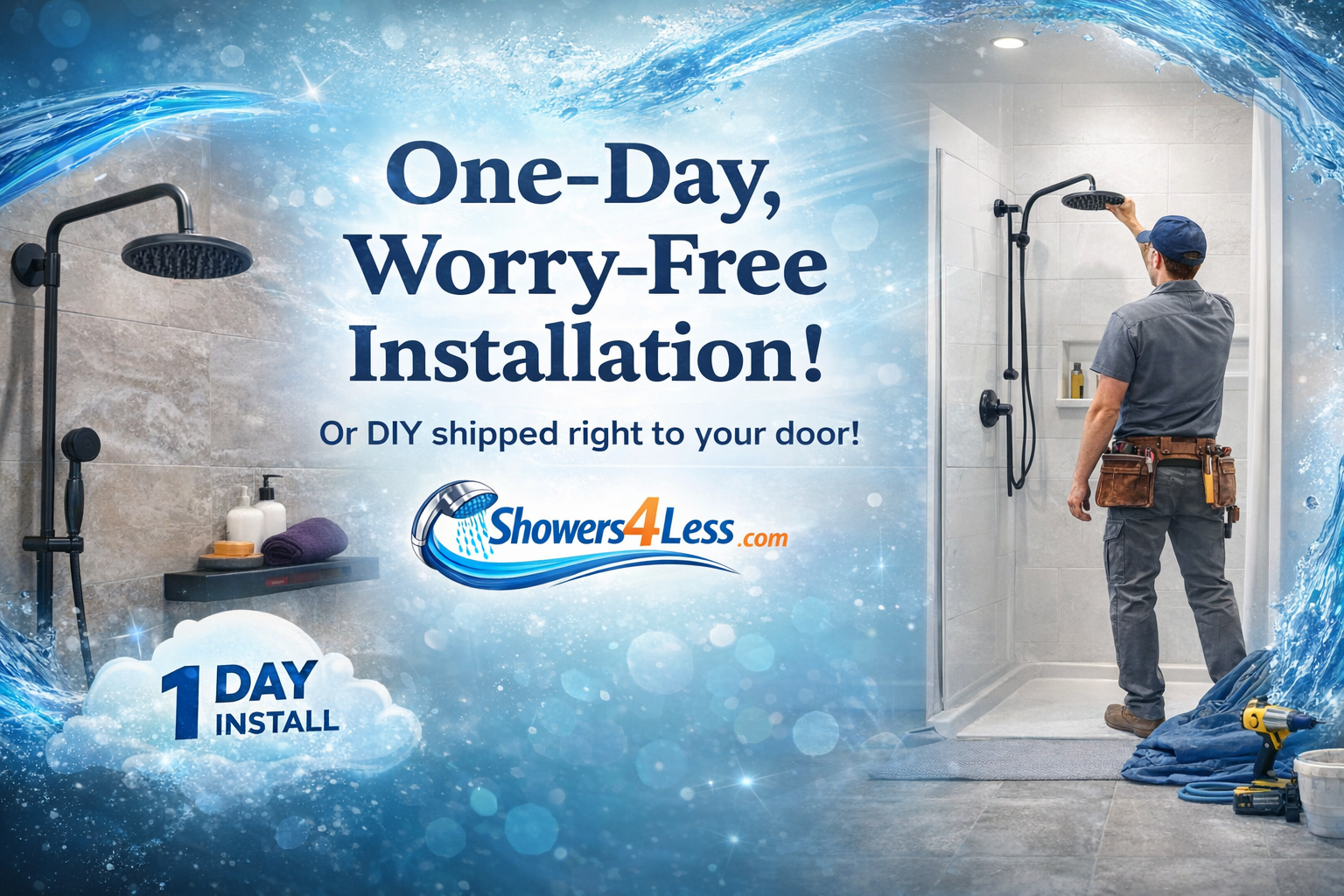 One-day worry-free shower installation featuring roll-in and curbed showers from Showers4Less with DIY delivery options available