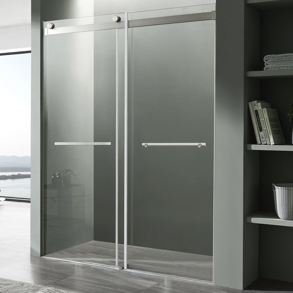 Kahn Series 45 to 48 in. x 76 in. Sliding Frameless Shower Door with Tsunami Guard Tempered Glass