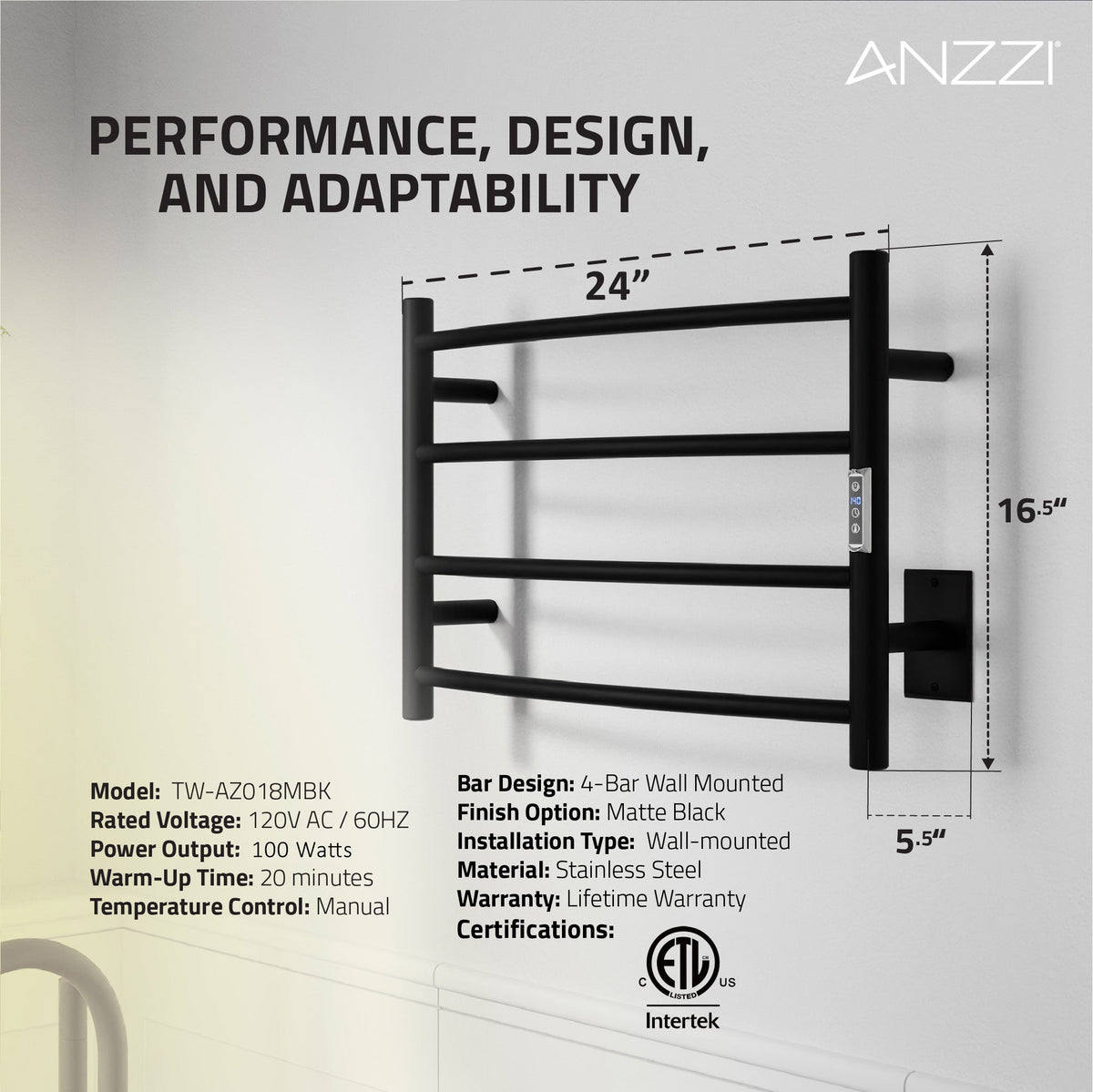 Towel Warmer, ANZZI Glow Bar Compact