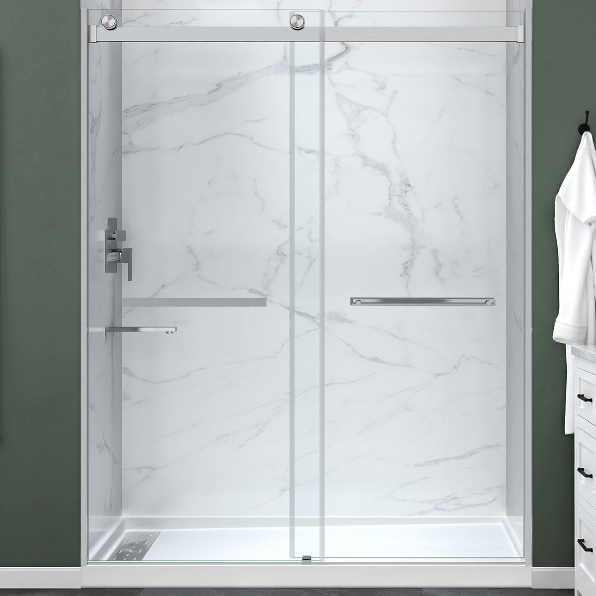 48 x 32 Frameless Shower Door, Pan Only, Kahn Alcove Sliding Combo