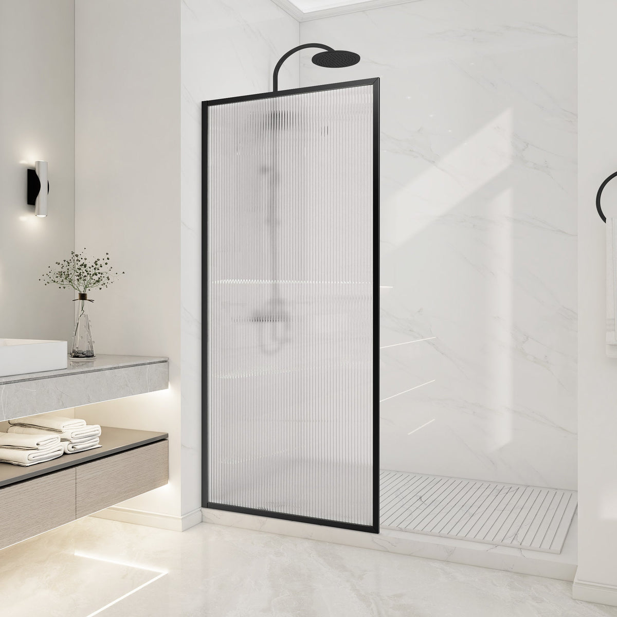 Welle 34 in. x 74 in. Framed Fixed Shower Screen Door with 5/16" (8mm) Tempered Fluted or Clear Glass