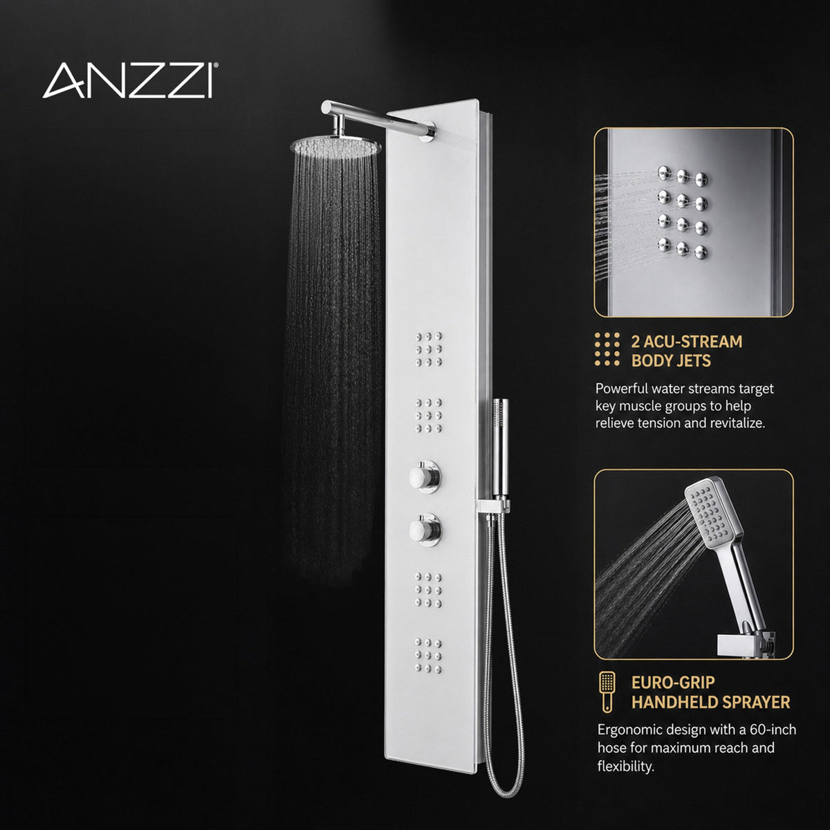 VELD Series 64 in. 2-Jetted Full Body Shower Panel System with Heavy Rain Shower and Spray Wand in Clear White