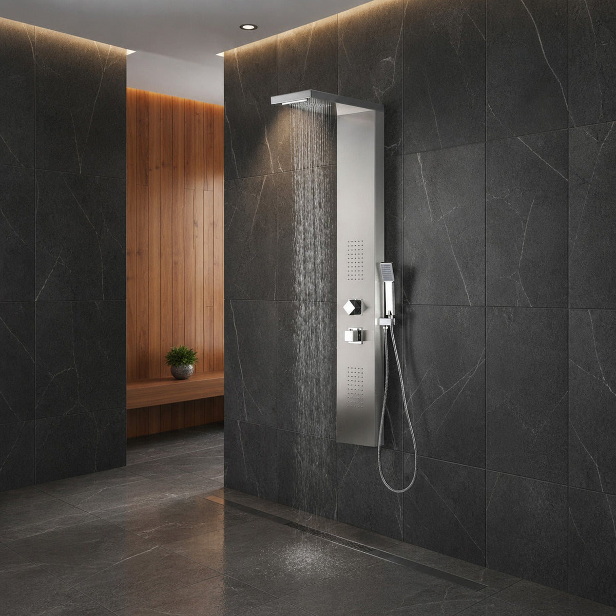 Expanse Series 57 in. 2-Jetted Full Body Shower Panel System with Heavy Rain Shower and Spray Wand in Brushed Steel