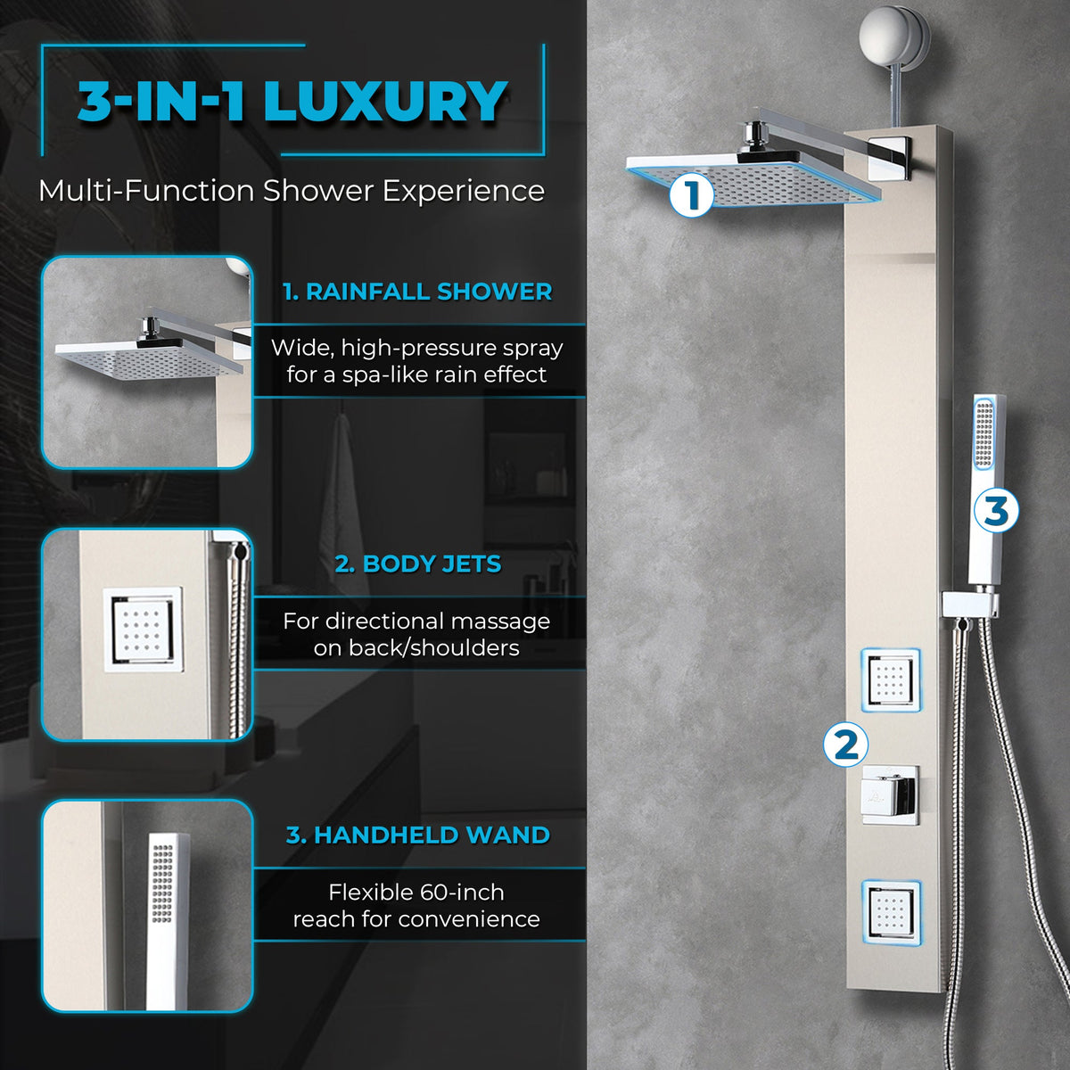 Dion Series 39 in. 2-Jetted Shower Tower with Heavy Rain Shower and Body Jets and Spray Wand
