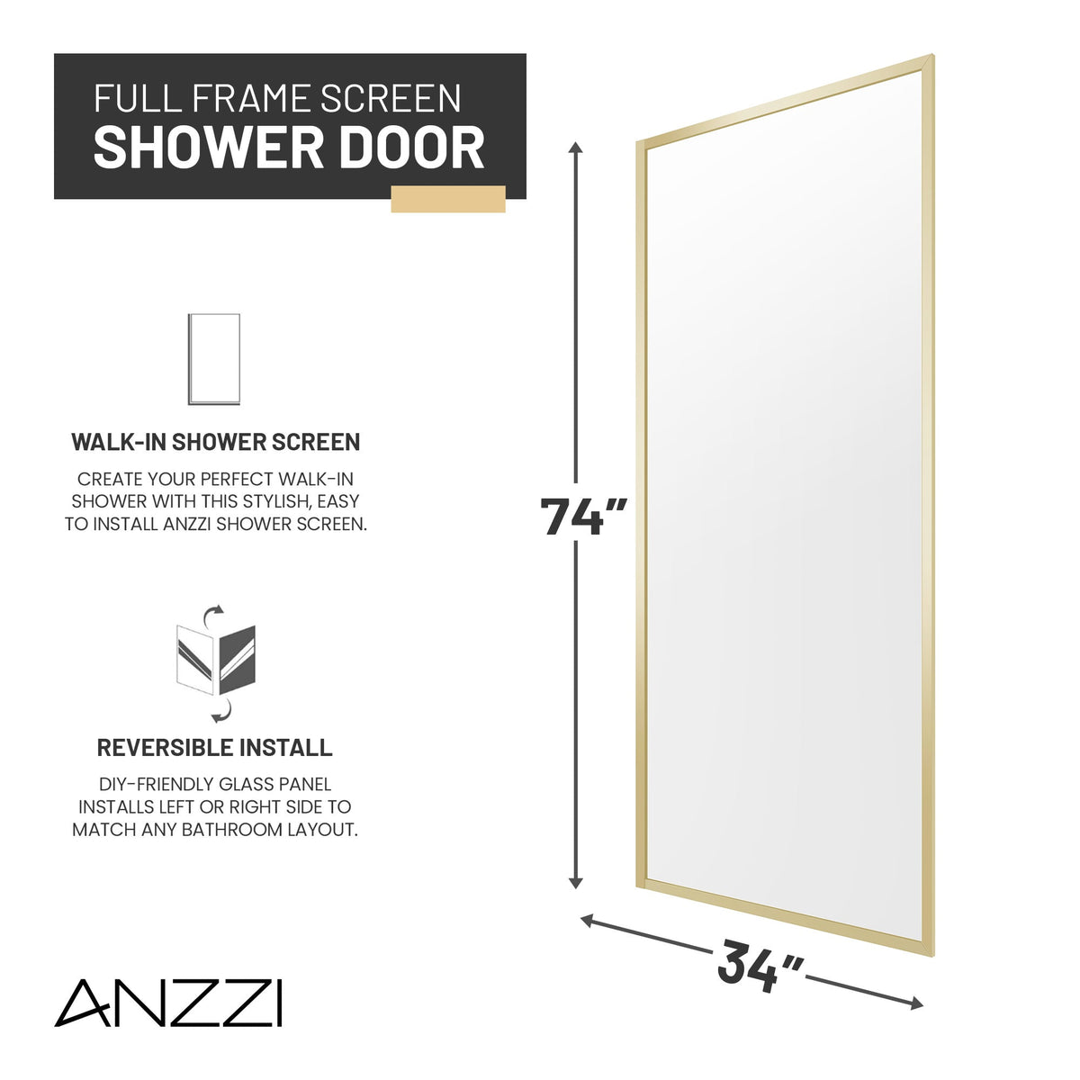 Welle 34 in. x 74 in. Framed Fixed Shower Screen Door with 5/16" (8mm) Tempered Fluted or Clear Glass
