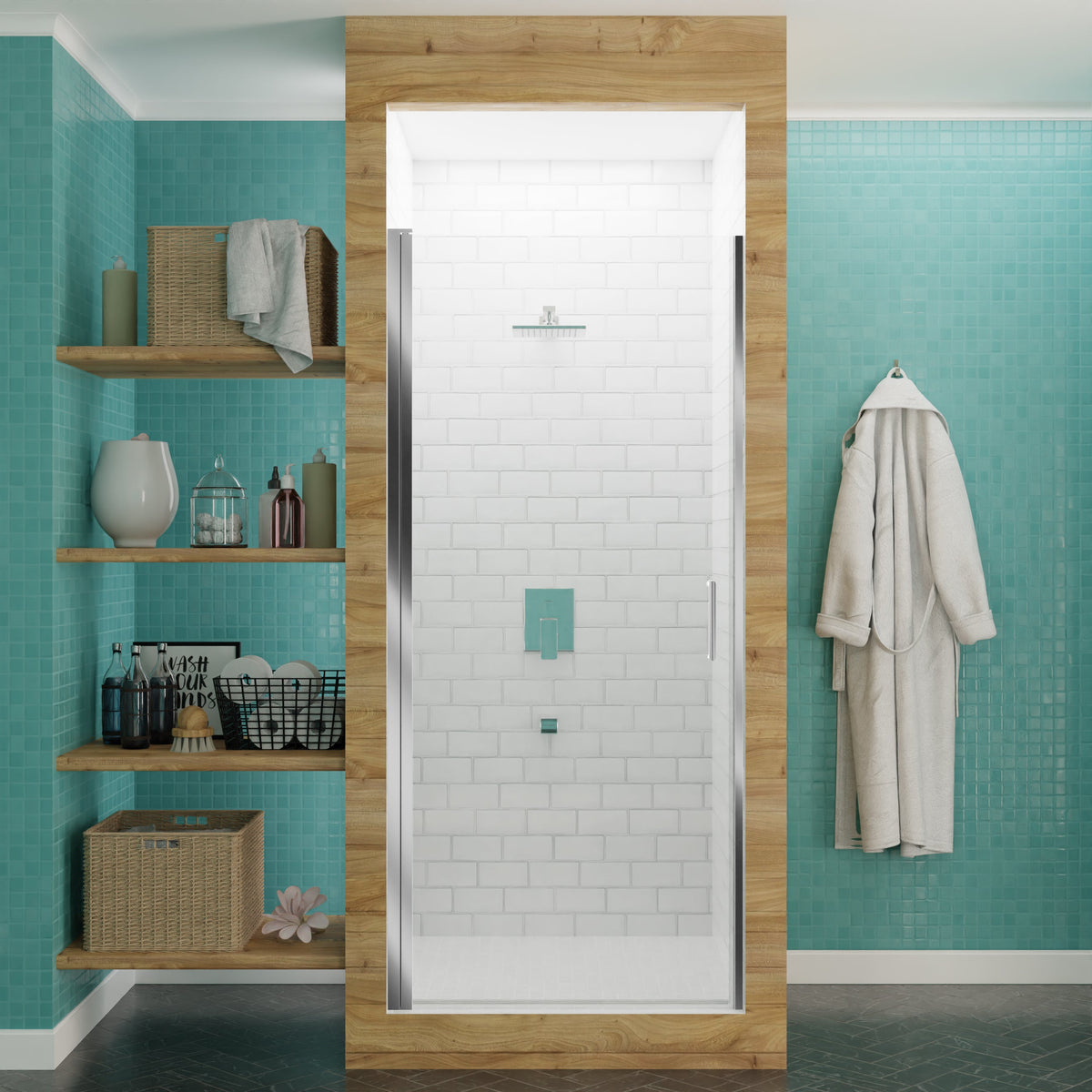 Lancer Series 29 in. x 72 in. H Hinged Semi-Frameless Shower Door with Tsunami Guard Tempered Glass
