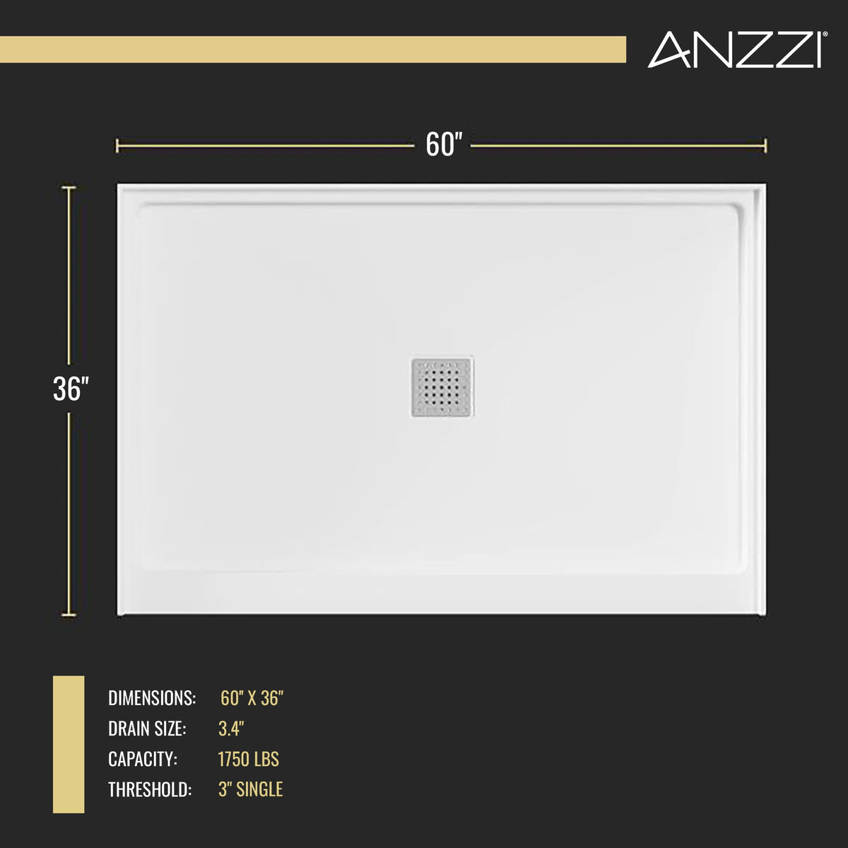 Alexander 60 in. L x 36 in. W Alcove Shower Pan Base with Center Drain in Glossy White Marine Acrylic