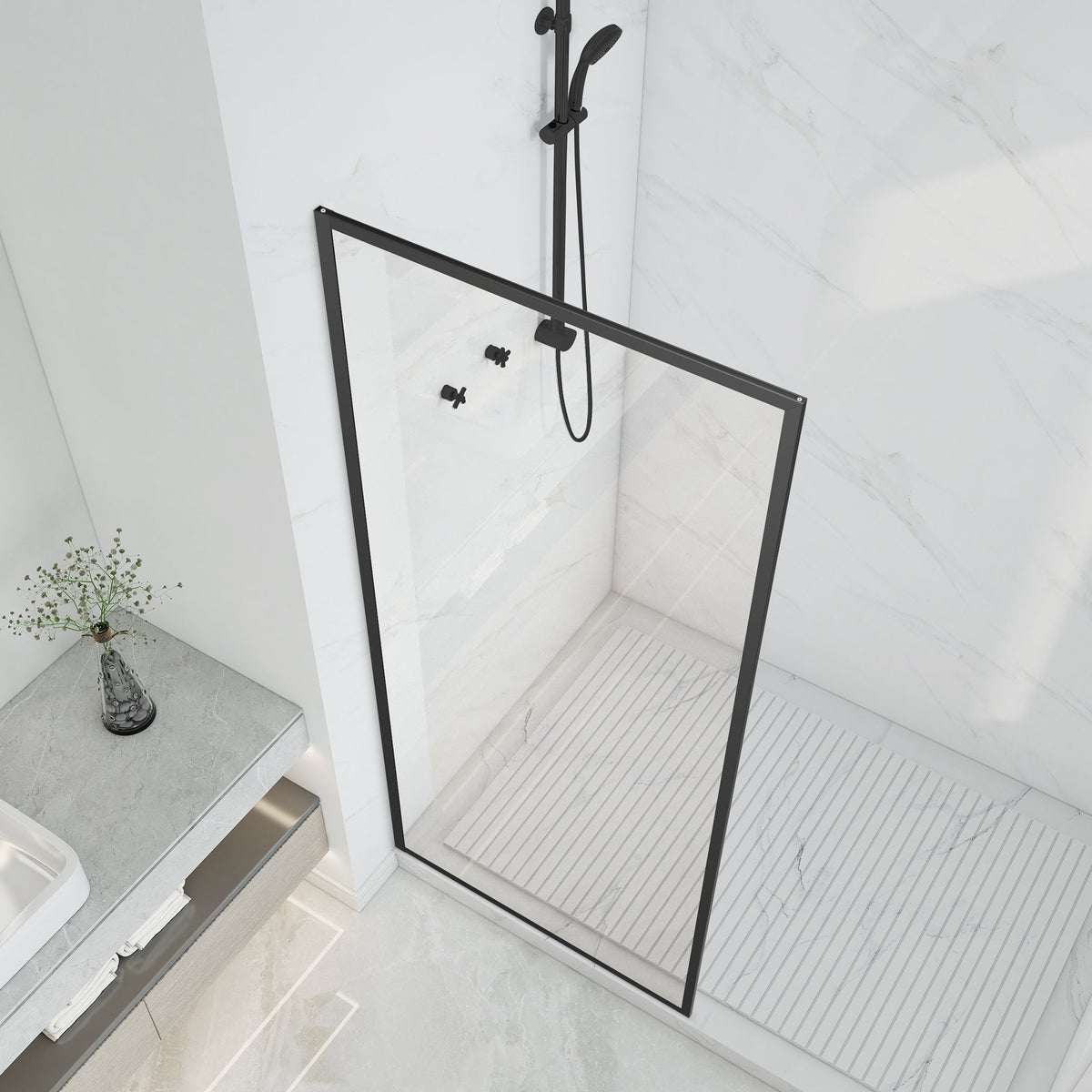 Welle 34 in. x 74 in. Framed Fixed Shower Screen Door with 5/16" (8mm) Tempered Fluted or Clear Glass