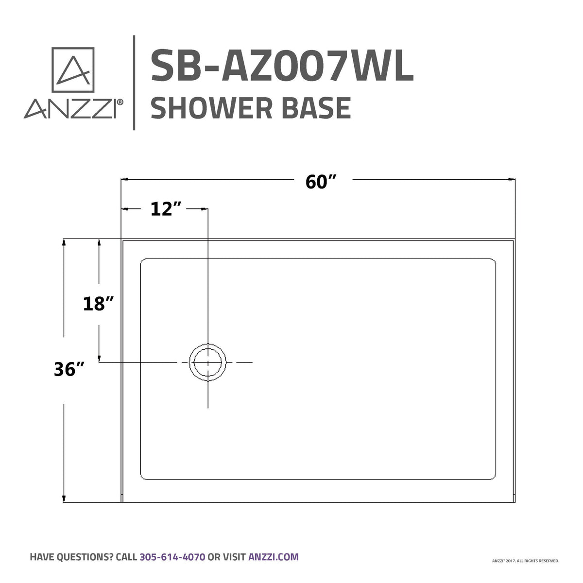 60 x 36 Shower Base, Pan Only, ANZZI Colossi Threshold Durable