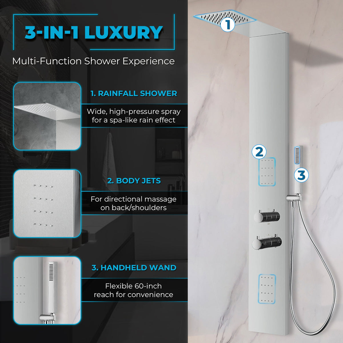 Collines Series 55 in. 2-Jetted Shower Tower with Heavy Rain Shower and Jets and Spray Wand