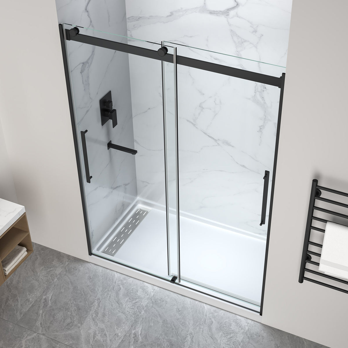 76 x 57 Framed Shower Door, Pan Only, Stellar Frameless Sliding Glass