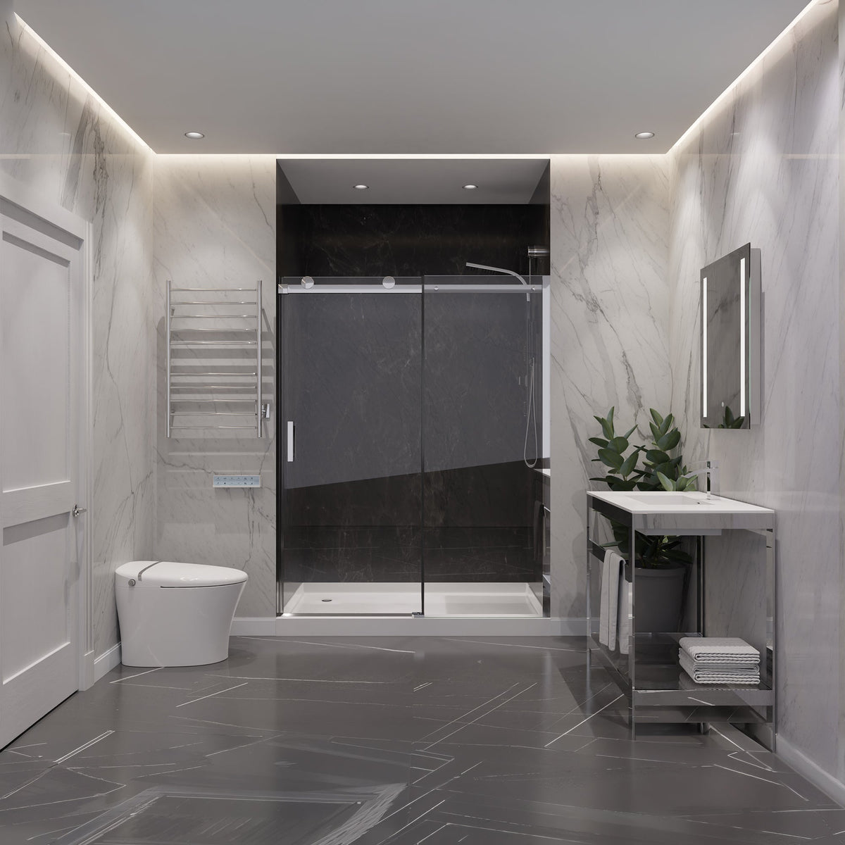 54 x 76 Frameless Shower Door, Rhodes Sliding Tsunami Guard