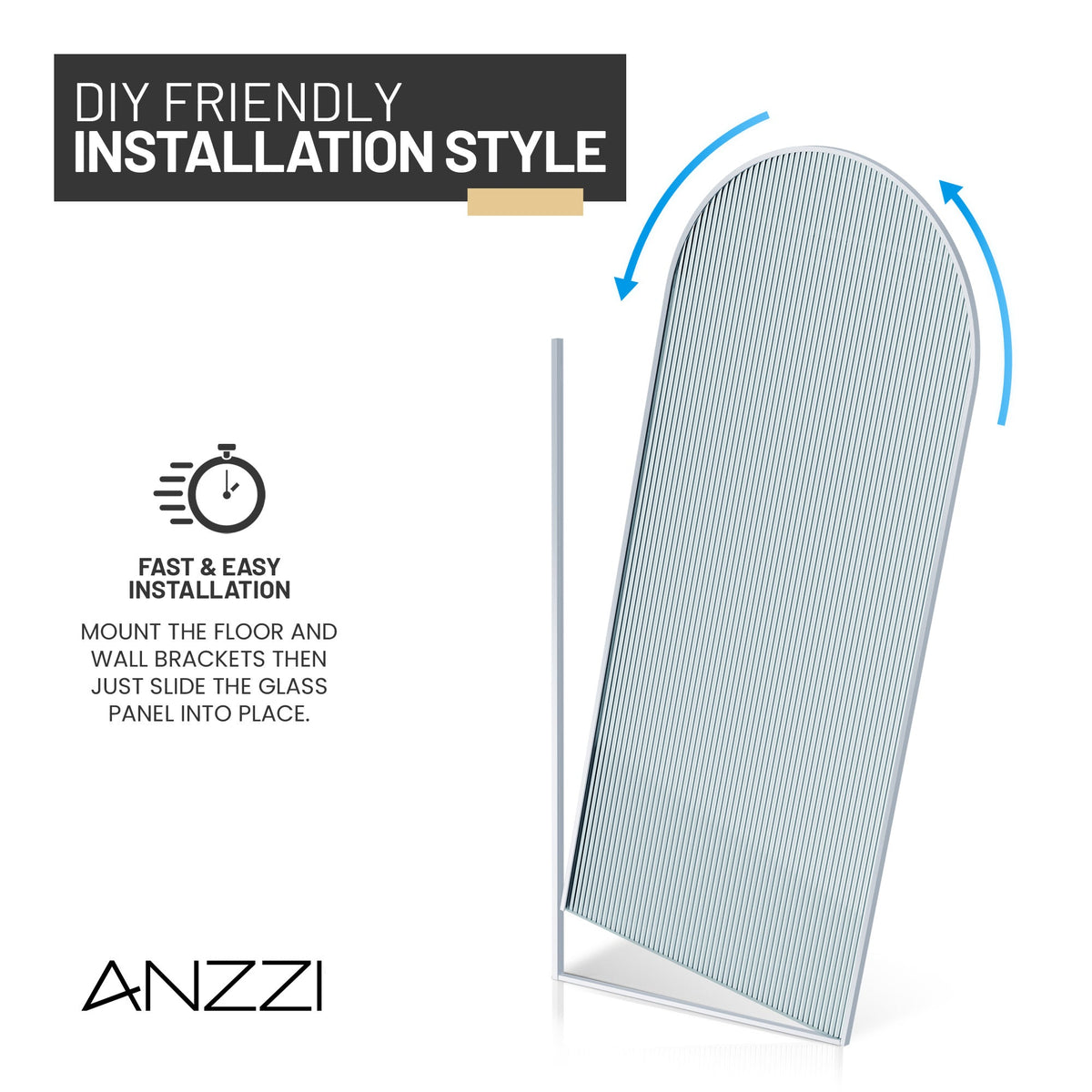 Ember Series 34 in. x 78 in Framed Arch Fixed Shower Screen Door with 8mm Tempered Clear or Fluted Glass