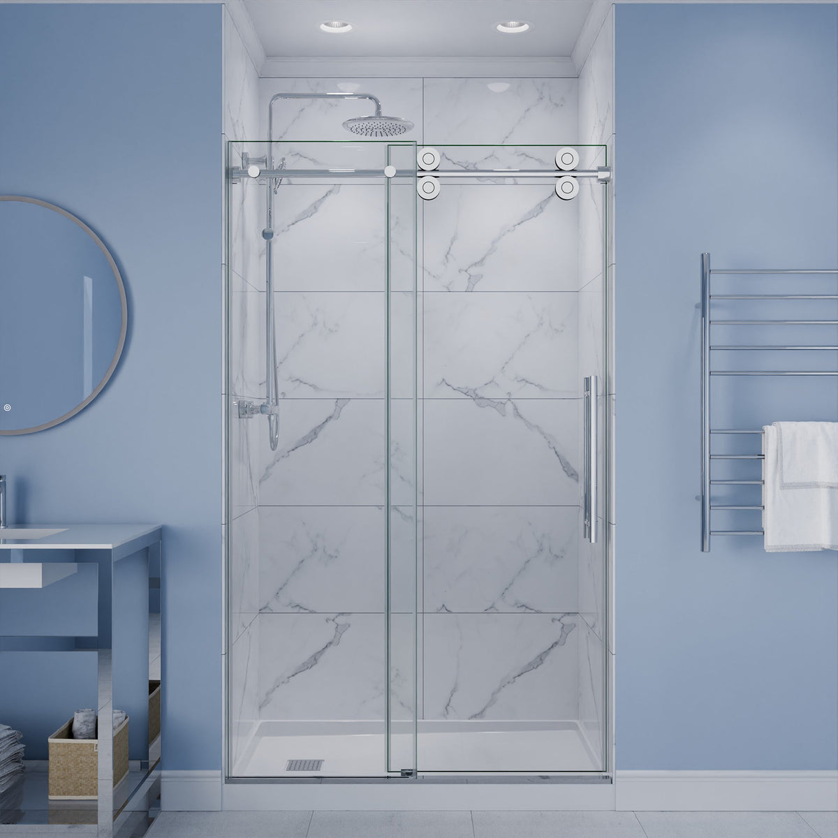 48 x 76 Frameless Shower Door, Ozean Sliding Tsunami Guard Clear Glass