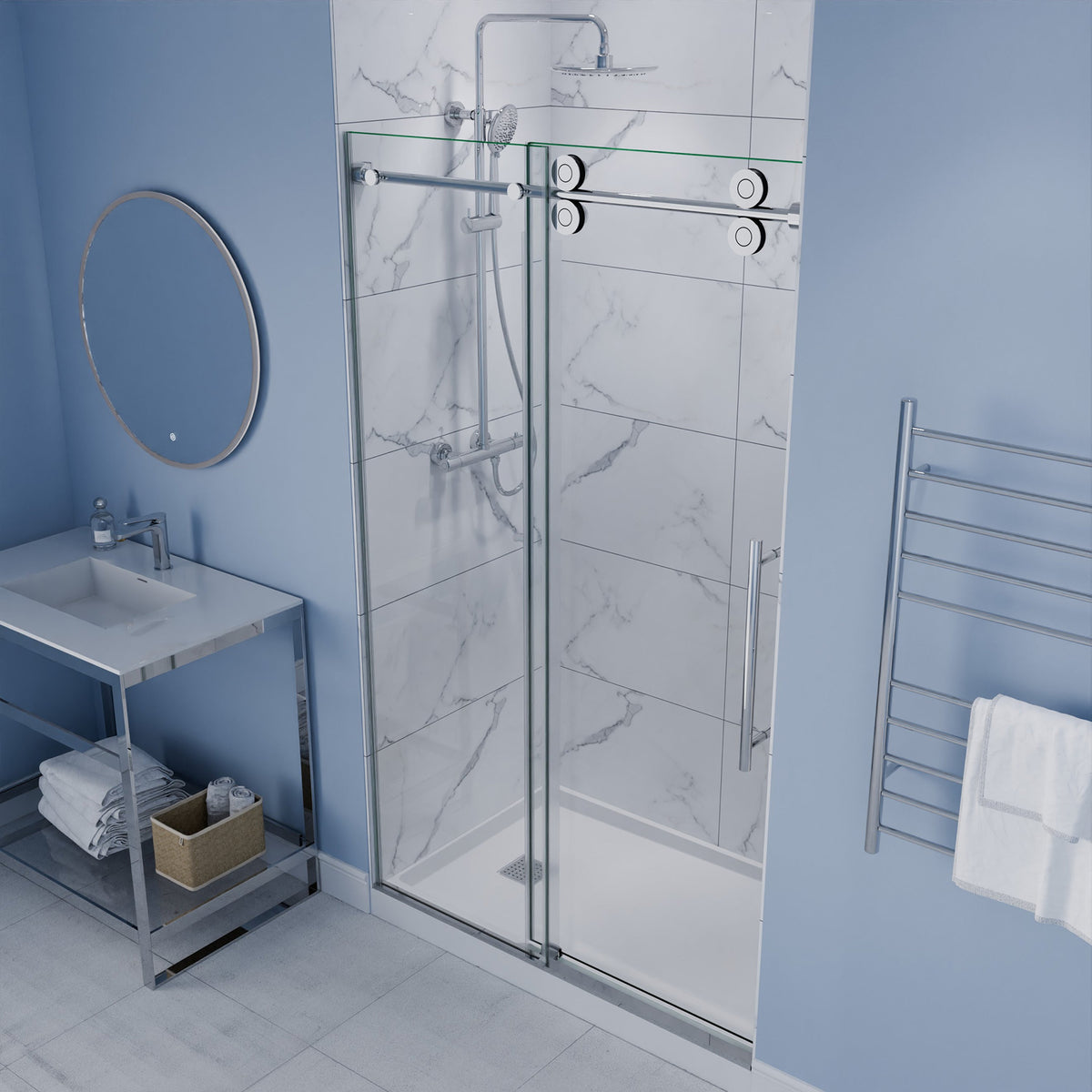 Ozean Series 44 to 48 in. x 76 in. Frameless Shower Door with Sliding with Tsunami Guard Tempered Clear Glass