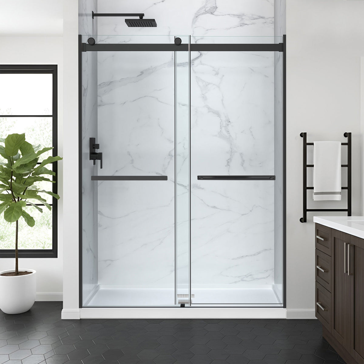 48 x 32 Frameless Shower Door, Pan Only, Kahn Alcove Sliding Combo