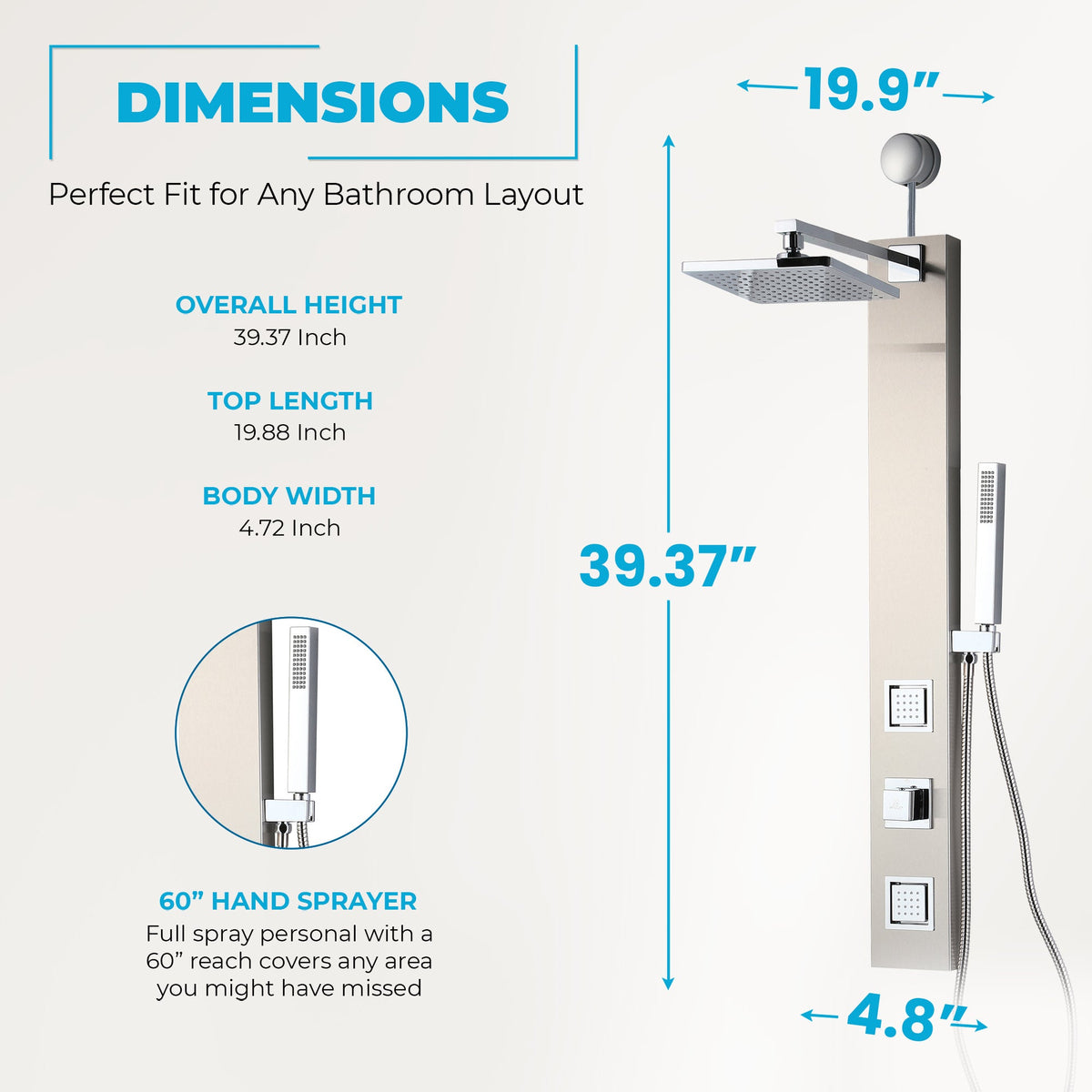 Shower Panel, Dion Jetted Tower Heavy Spray Wand