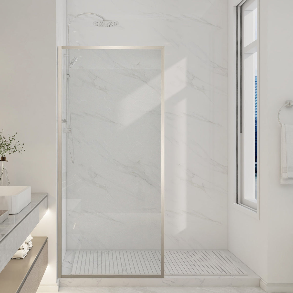 34 x 74 Framed Shower Door, Welle Fixed Screen Tempered Clear Glass