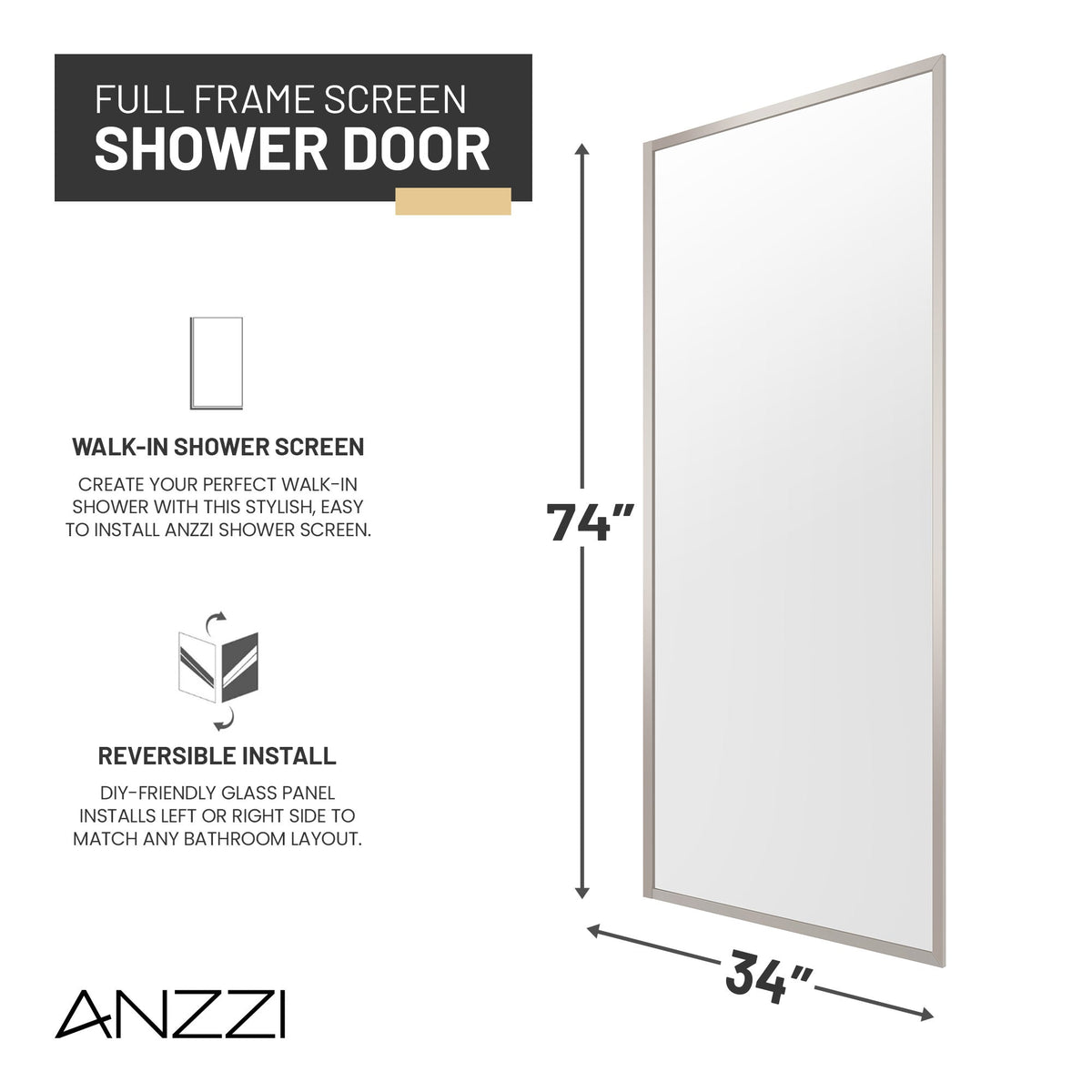 Welle 34 in. x 74 in. Framed Fixed Shower Screen Door with 5/16" (8mm) Tempered Fluted or Clear Glass