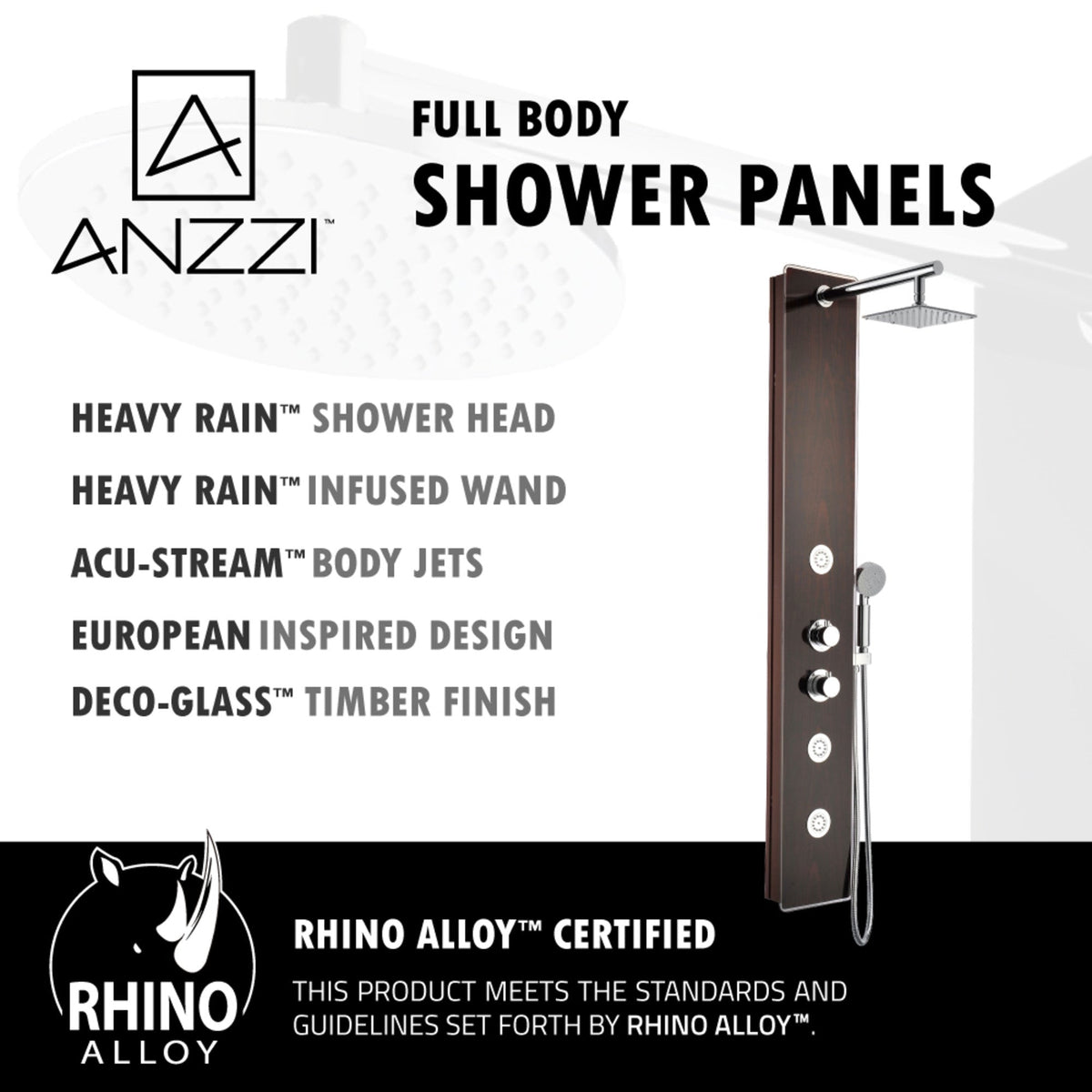 Pure 59 in. 3-Jetted Full Body Shower Panel System with Heavy Rain Shower and Spray Wand in Mahogany Style Deco-Glass