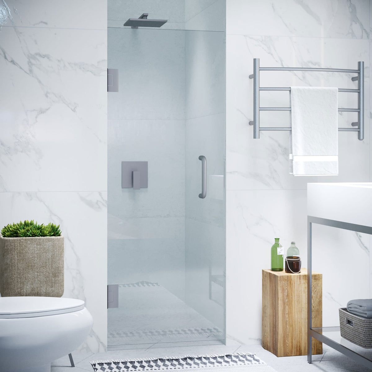Fellow Series 24 in. x 70 in. Frameless Hinged Shower Door with Clear/Frosted Tempered Glass and Tsunami Guard